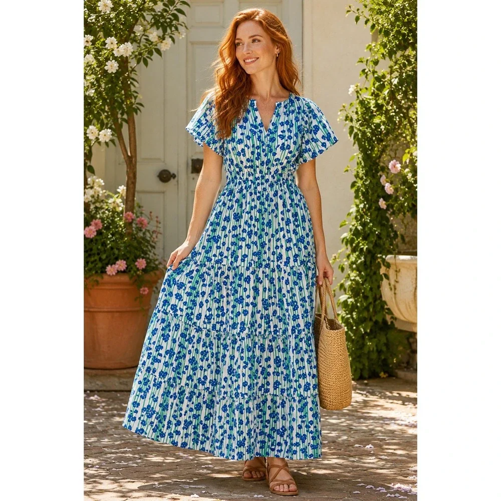 Anthropologie Floral Striped Tiered Maxi Dress Cotton Blue Green White Size L - Picture 1 of 11